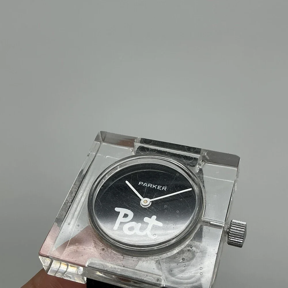Vintage Parker Mens Watch 35mm Black Pat Dial Clear Case Black Leather Manual